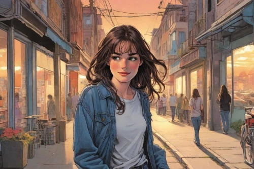 girl walking away,woman shopping,pedestrian,the girl at the station,city ​​portrait,woman at cafe,world digital painting,woman walking,a pedestrian,girl in a long,rosa ' amber cover,sidewalk,istanbul,digital painting,shopping street,girl with speech bubble,the girl's face,street scene,bookstore,shopping icon,Digital Art,Comic