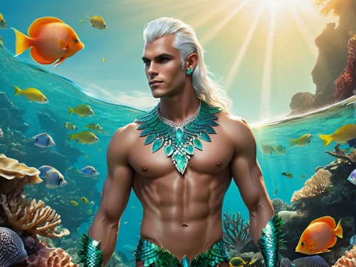 merfolk,merman,aquaman,sea god,male elf,god of the sea,mermaid background,sea man,poseidon,fantasy picture,fantasy art,marine biology,mermaid vectors,triton,marine fish,marine diversity,sea-life,mermaid scales background,mermaid,marine life,Conceptual Art,Oil color,Oil Color 14