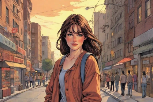 girl walking away,rosa ' amber cover,woman walking,a pedestrian,world digital painting,pedestrian,city ​​portrait,digital painting,sci fiction illustration,woman shopping,street scene,clementine,feist,wonder woman city,china town,girl with speech bubble,girl in a long,the girl,chinatown,hong,Digital Art,Comic