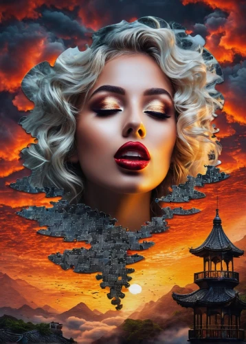 fantasy picture,fantasy art,world digital painting,photo manipulation,photoshop manipulation,image manipulation,photomanipulation,fantasy portrait,surrealistic,surrealism,photomontage,3d fantasy,sky rose,creative background,fire siren,airbrushed,meteora,volcano,blood moon eclipse,fire background,Photography,General,Fantasy