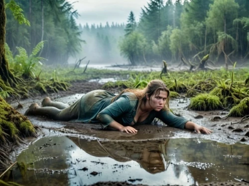 swath,woman at the well,tarzan,the girl in the bathtub,the stake,digital compositing,hobbit,gullivers travels,swamp,the man in the water,photo manipulation,wilderness,puddle,bog,noah,perched on a log,people in nature,nature and man,the wreck of the car,farmer in the woods