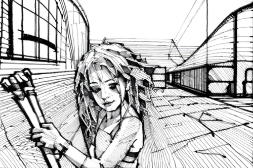 mono-line line art,the girl at the station,game drawing,mono line art,pen drawing,comic style,girl drawing,ball pen,line-art,staves,pencils,swordswoman,camera drawing,line art,lineart,camera illustration,lindsey stirling,girl with a gun,girl with gun,hand-drawn illustration,Design Sketch,Design Sketch,None