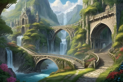 fantasy landscape,dragon bridge,scenic bridge,stone bridge,angel bridge,fantasy picture,devil's bridge,waterfall,tied-arch bridge,arch bridge,bridal veil,bridal veil fall,waterfalls,water fall,cascade,river landscape,fjord,fantasy art,wasserfall,falls of the cliff,Illustration,American Style,American Style 13