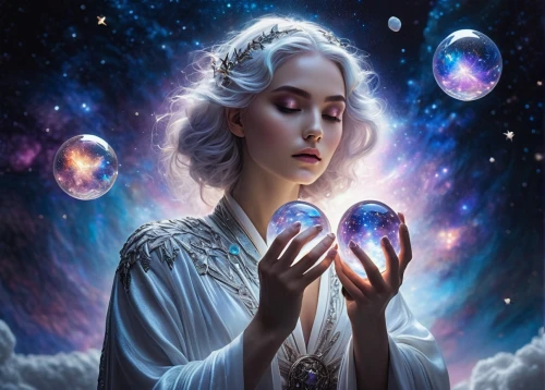 mystical portrait of a girl,crystal ball,fantasy portrait,heliosphere,divination,zodiac sign libra,astral traveler,fantasy picture,star mother,celestial body,celestial,celestial bodies,the snow queen,horoscope libra,sorceress,priestess,fantasy art,white rose snow queen,crystal ball-photography,mysticism,Illustration,Abstract Fantasy,Abstract Fantasy 14