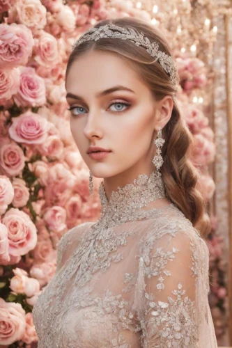 bridal jewelry,bridal clothing,bridal accessory,bridal,bridal dress,silver wedding,wedding dresses,romantic look,wedding dress,bridal veil,wedding gown,bride,peach rose,with roses,wedding details,wedding photo,enchanting,scent of roses,quinceañera,elegant,Photography,Realistic