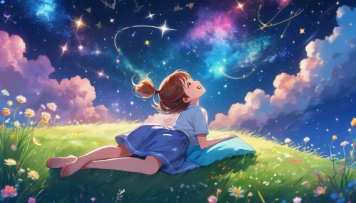 fairy galaxy,falling stars,falling star,star sky,stargazing,colorful stars,hanging stars,falling flowers,girl lying on the grass,rainbow and stars,the stars,dream world,stars,starry,star winds,springtime background,summer sky,cosmos field,shooting stars,dreaming,Illustration,Japanese style,Japanese Style 19