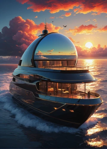 luxury yacht,yacht,floating island,on a yacht,yacht exterior,sky space concept,superyacht,futuristic landscape,floating restaurant,futuristic architecture,houseboat,floating islands,sea fantasy,coastal motor ship,research vessel,water taxi,floating huts,alien ship,very large floating structure,spaceship,Conceptual Art,Oil color,Oil Color 12