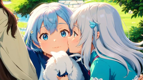 aqua,smooch,hands holding,petting,girl kiss,blue heart,kawaii children,kawaii,the girl's face,would a background,affection,hand in hand,reizei,cheek kissing,two girls,blushing,forget me not,first kiss,miku,background image,Anime,Anime,Traditional