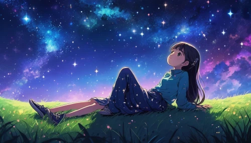 stargazing,starry sky,colorful stars,falling stars,starlight,star sky,starry,stars,fireflies,rainbow and stars,night stars,falling star,fairy galaxy,night sky,nightsky,the stars,the night sky,hanging stars,girl lying on the grass,constellations,Illustration,Japanese style,Japanese Style 05