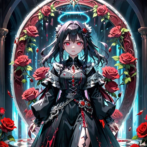 vanitas,crow queen,seerose,frame flora,rose order,rose frame,queen of hearts,way of the roses,noble rose,poker primrose,gothic portrait,masquerade,rosa ' amber cover,fallen petals,nico,noble roses,roses frame,black rose,petals,frame rose,Anime,Anime,Traditional