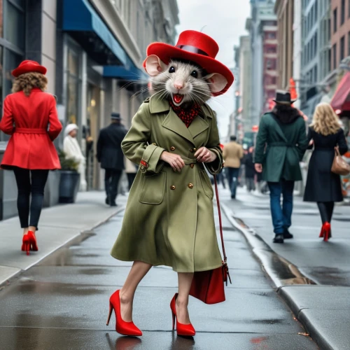 year of the rat,musical rodent,rat na,cruella de ville,color rat,vintage mice,rat,street fashion,anthropomorphized animals,american snapshot'hare,animals play dress-up,red coat,rataplan,on the street,rodents,mice,meatpacking district,ratatouille,new york streets,fashion street
