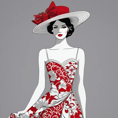 fashion illustration,fashion vector,art deco woman,fashionista from the 20s,evening dress,geisha girl,red hat,vintage paper doll,flamenco,vintage fashion,panama hat,rose white and red,retro paper doll,lady in red,dress form,retro 1950's clip art,ladies hat,fashion design,costume design,the hat-female,Photography,General,Realistic