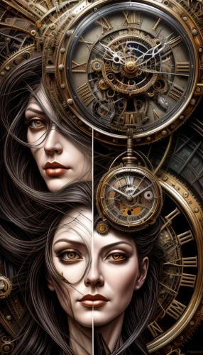 time spiral,clockmaker,clocks,clock face,clockwork,flow of time,time pressure,four o'clocks,time pointing,circle of confusion,watchmaker,out of time,timepiece,split personality,time,parallel worlds,compass,relativity,self hypnosis,clock