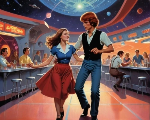 retro diner,ballroom dance,dancing couple,salsa dance,ballroom,science fiction,sci fiction illustration,epcot ball,starship,star ship,vintage boy and girl,ford prefect,moon walk,waltz,science-fiction,flying saucer,soda fountain,lost in space,honeymoon,square dance