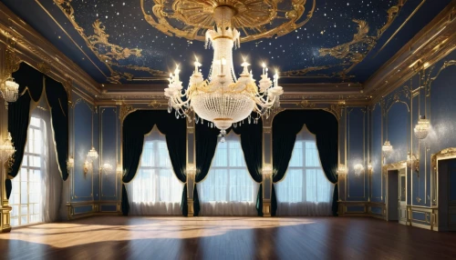 ornate room,ballroom,blue room,royal interior,versailles,europe palace,rococo,great room,theatrical property,napoleon iii style,danish room,neoclassical,french digital background,royal castle of amboise,theater curtain,chandelier,baroque,ornate,four poster,beauty room,Illustration,Realistic Fantasy,Realistic Fantasy 05