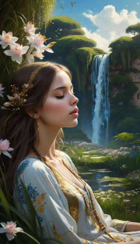 idyll,fantasy picture,fantasy portrait,idyllic,world digital painting,girl in flowers,mystical portrait of a girl,girl lying on the grass,the sleeping rose,fantasy art,fantasy landscape,faery,oasis,girl in the garden,faerie,fae,falling flowers,landscape background,meditative,woman at the well,Conceptual Art,Fantasy,Fantasy 11