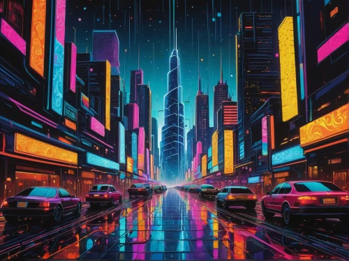 cyberpunk,metropolis,cityscape,colorful city,neon arrows,futuristic,shanghai,futuristic landscape,80's design,dubai,fantasy city,tokyo city,city,cities,hong kong,tokyo,80s,city highway,miami,abstract retro,Illustration,American Style,American Style 03