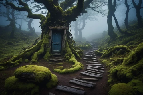 tree top path,forest path,tree house,elven forest,fairy door,wooden path,fairytale forest,fairy forest,the mystical path,crooked forest,enchanted forest,hiking path,treehouse,winding steps,house in the forest,forest floor,green forest,tree house hotel,foggy forest,pathway,Art,Artistic Painting,Artistic Painting 37