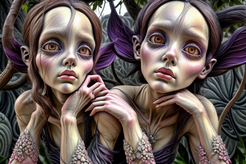 faery,faerie,fairies,bodypainting,fae,dryad,adam and eve,fantasy art,body painting,surrealism,porcelain dolls,two girls,gothic portrait,psychedelic art,withered,fairies aloft,twin flowers,fairy forest,iridigorgia,antasy