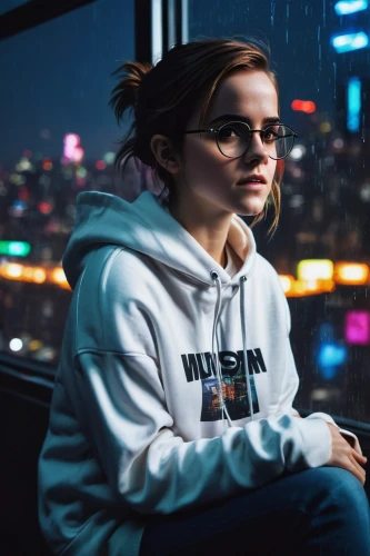 world digital painting,cyberpunk,sweatshirt,hoodie,portrait background,girl at the computer,women in technology,city ​​portrait,digital compositing,photoshop manipulation,vector art,urban,vector illustration,girl sitting,dusk background,above the city,vector graphic,girl studying,puma,cyber glasses,Conceptual Art,Fantasy,Fantasy 03