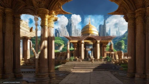 hall of the fallen,ancient city,artemis temple,kadala,fantasy landscape,fantasy picture,the ruins of the,pillars,place of pilgrimage,the ancient world,mausoleum ruins,atlantis,northrend,fantasy world,portal,ancient buildings,water palace,3d fantasy,imperial shores,cg artwork,Realistic,Movie,Lost City