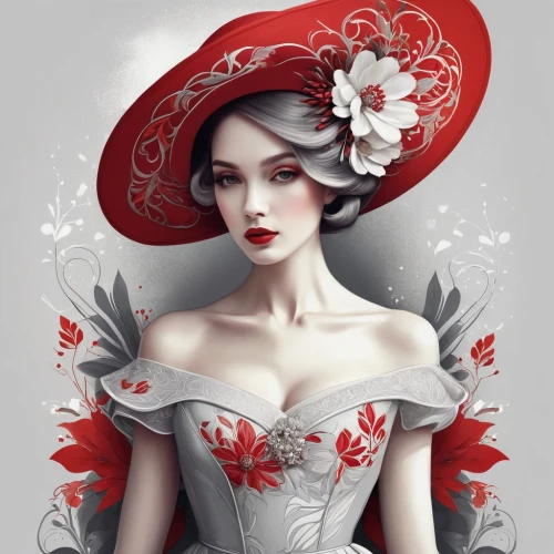 victorian lady,queen of hearts,fashion illustration,rose white and red,beautiful bonnet,lady in red,red hat,victorian style,fashion vector,the hat of the woman,red rose,white rose snow queen,red magnolia,rose flower illustration,porcelain rose,fairy tale character,eglantine,vintage woman,widow flower,bridal clothing,Illustration,Realistic Fantasy,Realistic Fantasy 15