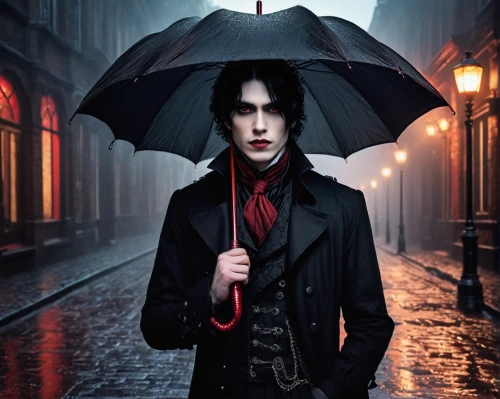 gothic fashion,dark gothic mood,brolly,gothic portrait,man with umbrella,gothic style,gothic,gothic woman,black coat,goth subculture,overcoat,goth like,goth,vampire,umbrella,trench coat,frock coat,dracula,photoshop manipulation,umbrellas,Illustration,American Style,American Style 08