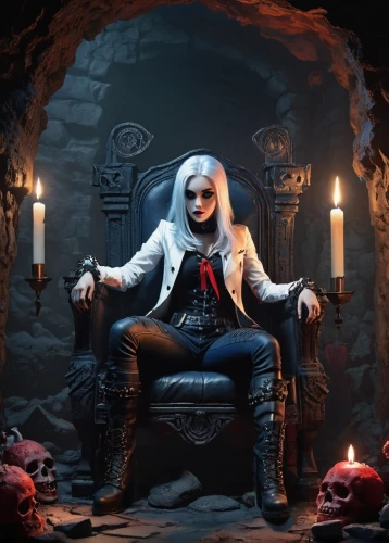 harley quinn,vampire woman,gothic portrait,vampire lady,gothic woman,harley,cruella,gothic fashion,psychic vampire,cruella de ville,female doll,white rose snow queen,fantasy portrait,fantasy picture,cosplay image,throne,the throne,witcher,fantasy woman,vampire,Unique,Design,Character Design