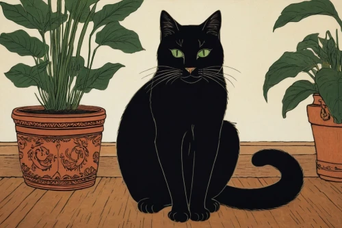 black cat,jiji the cat,hollyleaf cherry,houseplant,pet portrait,cat vector,catus,vintage cat,drawing cat,domestic short-haired cat,house plants,cat portrait,domestic cat,cartoon cat,potted plant,the cat,felidae,capricorn kitz,cat drawings,cat cartoon,Illustration,Black and White,Black and White 24
