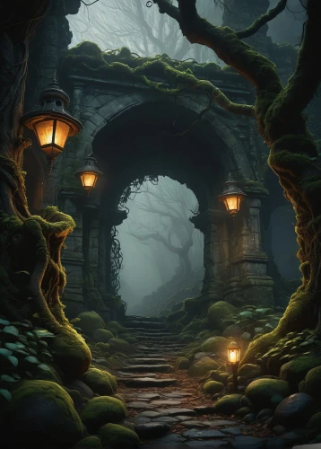 hollow way,the mystical path,fantasy landscape,cartoon video game background,pathway,forest path,the path,haunted forest,witch's house,dungeons,druid grove,devil's bridge,path,wooden path,dungeon,fantasy picture,elven forest,enchanted forest,the threshold of the house,myst,Illustration,American Style,American Style 14