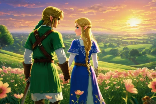 link,romantic scene,a fairy tale,fairy tale,green meadow,way of the roses,shepherd romance,idyll,fairytale,throughout the game of love,clover meadow,rupees,elves,the order of the fields,golden sun,prince and princess,lilies of the valley,fantasy picture,links,green fields,Illustration,Paper based,Paper Based 15
