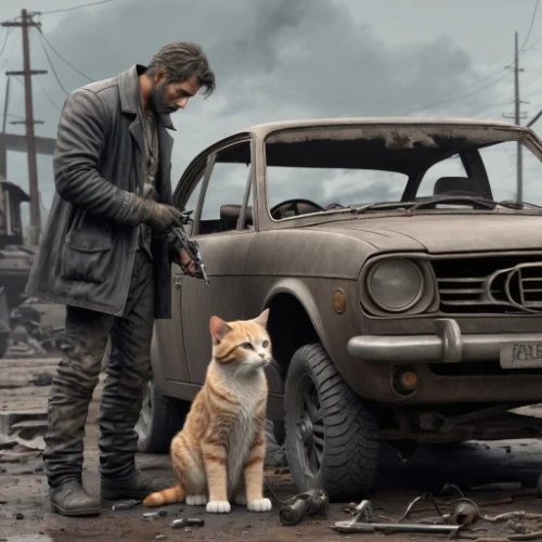 post apocalyptic,car mechanic,mad max,the cat and the,post-apocalypse,post-apocalyptic landscape,two cats,car repair,the cat,junkyard,the wreck of the car,ritriver and the cat,strays,kit,crossover suv,rescue alley,tom cat,human and animal,apocalyptic,auto repair
