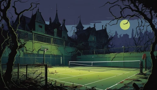 tennis court,halloween poster,halloween illustration,real tennis,halloween background,tennis,halloween scene,tennis lesson,soft tennis,witch's house,halloween and horror,frontenis,dark park,tennis equipment,halloween wallpaper,halloween night,haunted cathedral,witch house,tennis player,tennis ball,Illustration,American Style,American Style 09