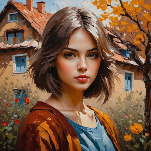 girl portrait,girl with tree,romantic portrait,fantasy portrait,girl in the garden,girl with bread-and-butter,mystical portrait of a girl,portrait of a girl,world digital painting,girl in flowers,young woman,oil painting,autumn icon,girl picking flowers,artist portrait,girl with cloth,digital painting,oil painting on canvas,girl in a historic way,painting technique,Illustration,Paper based,Paper Based 02