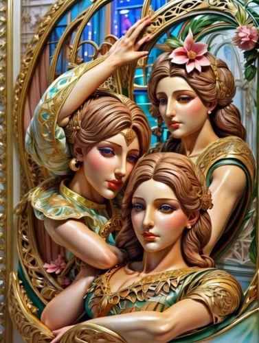 the three graces,art deco frame,art nouveau frames,beauty salon,art nouveau frame,art nouveau,mirror image,art deco ornament,art deco woman,makeup mirror,art deco wreaths,art deco,celtic woman,emile vernon,doll looking in mirror,porcelain dolls,vintage fairies,magic mirror,mirror reflection,the mirror