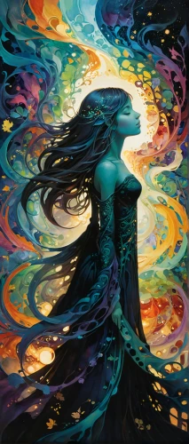 aura,swirling,fantasia,psychedelic art,vortex,siren,pachamama,rainbow waves,aquarius,masquerade,peacock,veil,mermaid background,mystical portrait of a girl,astral traveler,mantra om,the wind from the sea,flowing,flow of time,shamanic,Illustration,Realistic Fantasy,Realistic Fantasy 04