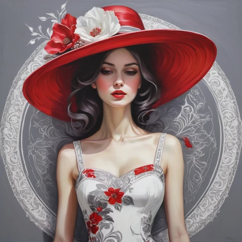 queen of hearts,the hat of the woman,fashion illustration,victorian lady,red hat,lady in red,rose white and red,panama hat,beautiful bonnet,ladies hat,the hat-female,geisha girl,woman's hat,flower hat,red rose,white and red,red magnolia,red roses,geisha,high sun hat,Illustration,Realistic Fantasy,Realistic Fantasy 30