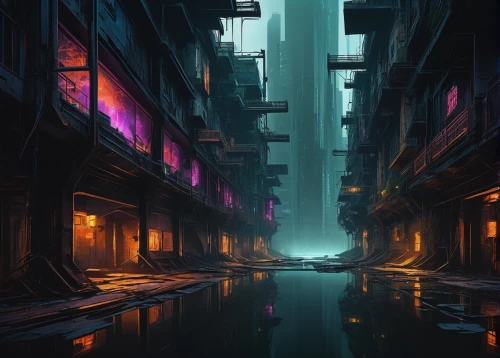 alleyway,futuristic landscape,cyberpunk,alley,cityscape,world digital painting,shanghai,fantasy city,kowloon city,kowloon,hong kong,ancient city,hanoi,harbour city,backwater,street canyon,blind alley,narrow street,scifi,dystopian,Conceptual Art,Fantasy,Fantasy 16