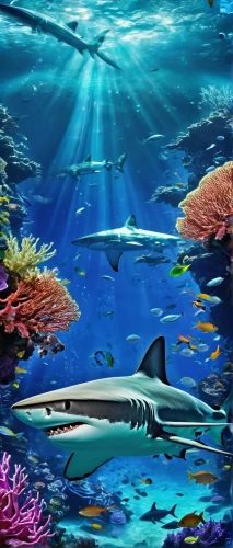 underwater background,underwater landscape,aquarium decor,sea animals,underwater world,ocean background,shoal,dolphin background,sea life underwater,sand tiger shark,cartoon video game background,aquatic animals,aquarium,marine life,tiger shark,requiem shark,remora,bronze hammerhead shark,cetacea,bull shark,Conceptual Art,Sci-Fi,Sci-Fi 04