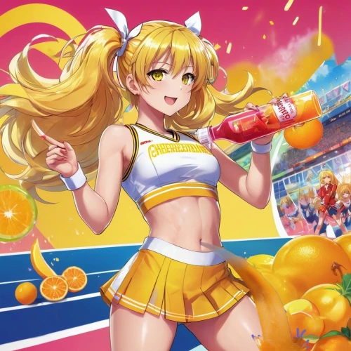 yang,cheering,cheerleader,lemonsoda,sports girl,orangina,honey candy,yuzu,citrus,pollen panties,candy island girl,fanta,cheer,valencia orange,lucozade,water fight,vitamin c,water gun,playmat,sports drink