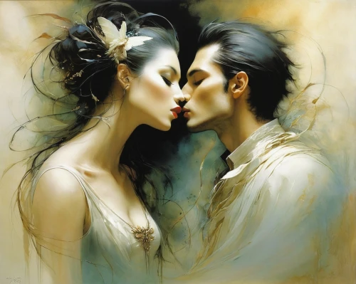 amorous,girl kiss,romantic portrait,kissing,mother kiss,kiss,kiss flowers,chinese art,janome chow,love in the mist,kissel,han thom,oriental,whispering,cheek kissing,first kiss,young couple,tenderness,lovers,scent of jasmine,Illustration,Realistic Fantasy,Realistic Fantasy 16