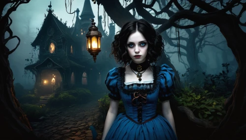 witch house,gothic woman,gothic portrait,gothic dress,gothic style,witch's house,gothic,gothic fashion,blue enchantress,dark gothic mood,alice,fairy tale character,the haunted house,gothic architecture,fairy tales,haunted house,fairy tale,dark art,haunted castle,fantasy picture,Illustration,Children,Children 06