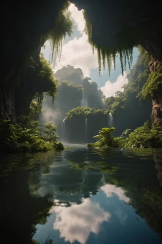 cave on the water,fantasy landscape,virtual landscape,underground lake,fractal environment,underwater oasis,underwater landscape,water scape,swampy landscape,waterscape,an island far away landscape,karst landscape,river landscape,3d fantasy,landscape background,mirror water,nature landscape,lagoon,calm water,elven forest,Photography,General,Cinematic