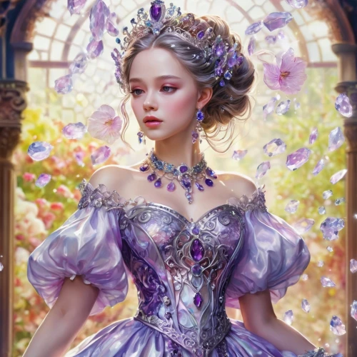 cinderella,fantasy portrait,fairy tale character,lilac blossom,fairy queen,rapunzel,fantasy picture,victorian lady,la violetta,fantasy art,lilac flower,rosa 'the fairy,flower fairy,violet,faery,rococo,precious lilac,faerie,lilac flowers,fairytale characters,Illustration,Realistic Fantasy,Realistic Fantasy 37