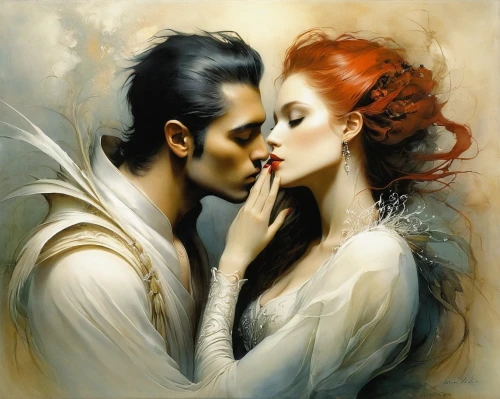 amorous,romantic portrait,gothic portrait,young couple,hot love,lovers,love in the mist,kissing,cupido (butterfly),whispering,kissel,beautiful couple,lovesickness,masque,fantasy art,courtship,mourning swan,couple in love,romance novel,honeymoon,Illustration,Realistic Fantasy,Realistic Fantasy 16