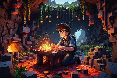 campfire,wishing well,3d fantasy,fire artist,game illustration,fairy village,terrarium,wooden cubes,elements,3d render,cg artwork,fairy house,dungeon,hollow blocks,game art,ravine,log fire,hearth,campfires,embers,Illustration,Black and White,Black and White 15