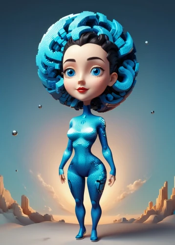 blue enchantress,pompadour,sculpt,bjork,aquarius,pixie-bob,venus,space-suit,stylized macaron,vector girl,3d model,rubber doll,bouffant,3d figure,cyan,extraterrestrial,mermaid vectors,virgo,blu,andromeda,Unique,3D,3D Character