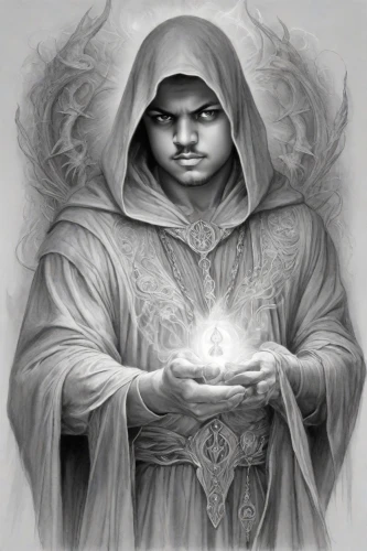 dodge warlock,magus,hooded man,libra,the archangel,zodiac sign libra,cloak,mage,the white torch,divination,amulet,light bearer,daemon,magic grimoire,the ethereum,flickering flame,grimm reaper,uriel,archangel,prophet,Digital Art,Pencil Sketch