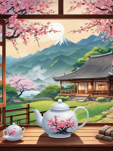 japanese sakura background,japanese floral background,tea zen,japanese tea,landscape background,tea ceremony,sakura background,oriental painting,background vector,tea garden,watercolor tea shop,japanese background,japanese art,chinese art,china tea,maojian tea,tea service,chinese tea,tea set,dianhong tea,Unique,Design,Sticker