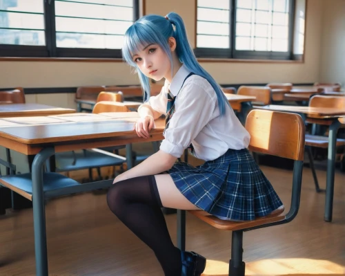 schoolgirl,school skirt,sitting on a chair,school desk,detention,school uniform,school benches,sitting,rei ayanami,desk,aqua,classroom,anime japanese clothing,hatsune miku,miku,anime girl,school clothes,mikuru asahina,blue hair,teacher,Conceptual Art,Sci-Fi,Sci-Fi 16